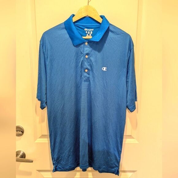 $5 Item! EUC Champion 2XL Men's Striped Blue and White Golf Polo - Picture 1 of 4